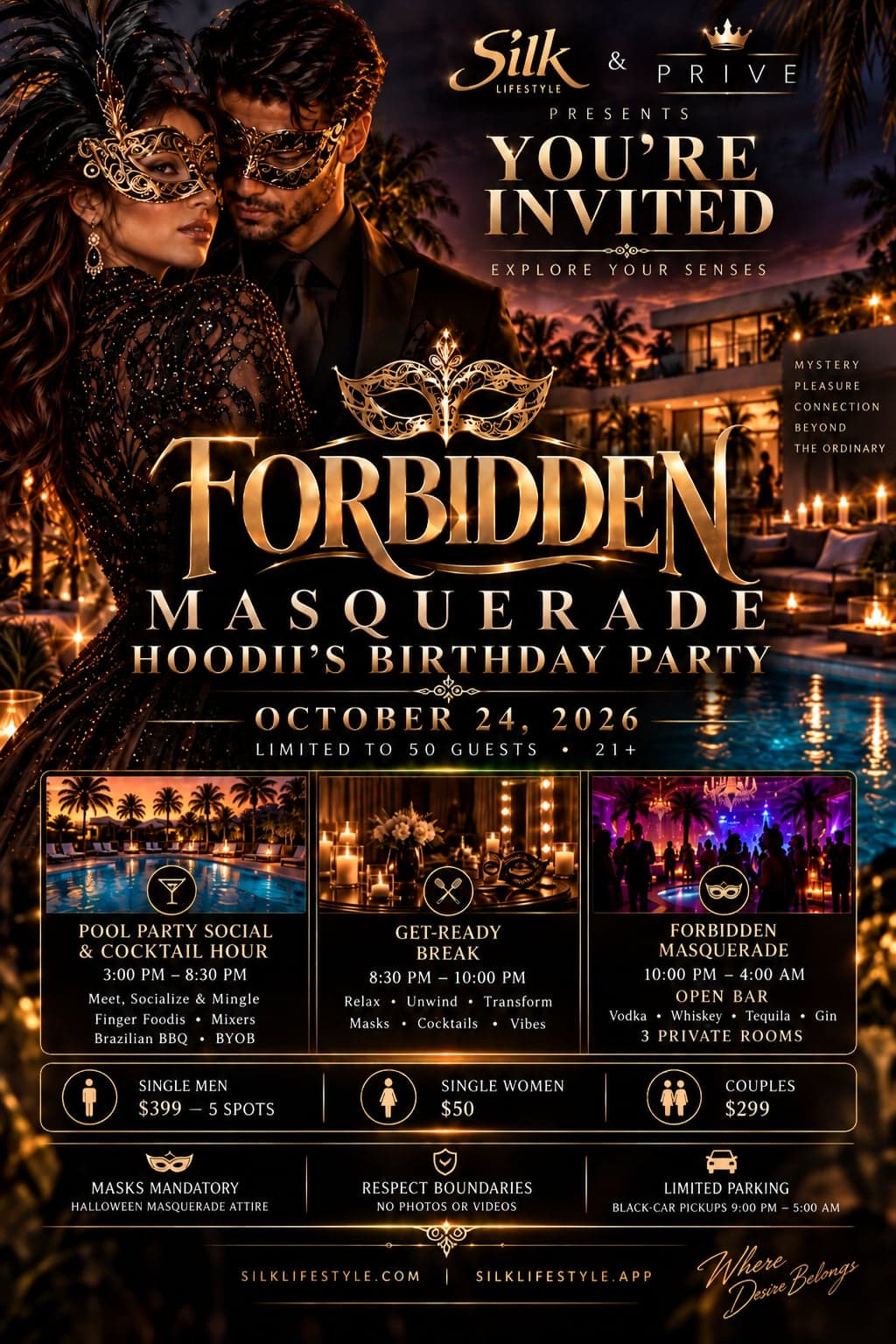 Forbidden Masquerade: Hoodii’s Birthday Mansion Party — Saturday, October 24, 2026 · Fort Lauderdale · Hoodii’s Fort Lauderdale Waterfront Mansion · Fort Lauderdale, Florida