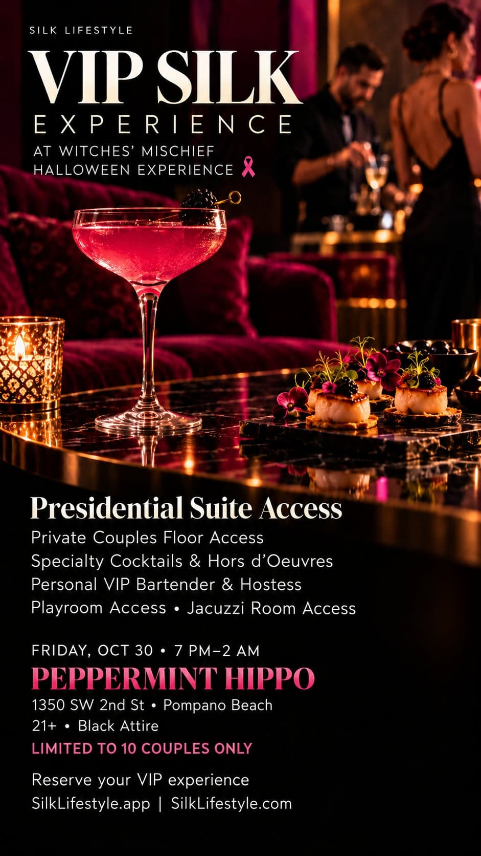 Witches’ Mischief Exclusive Silk Halloween Experience (LIMITED TO 10 COUPLES) — Friday, October 30, 2026 · 1350 Southwest 2nd Street · Private VIP Lounge at Peppermint Hippo · Pompano Beach, Florida